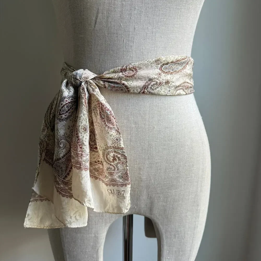Club 7 by Echo Paisley Silk Blend Scarf Cream Beige Pink Boho 47x9.75